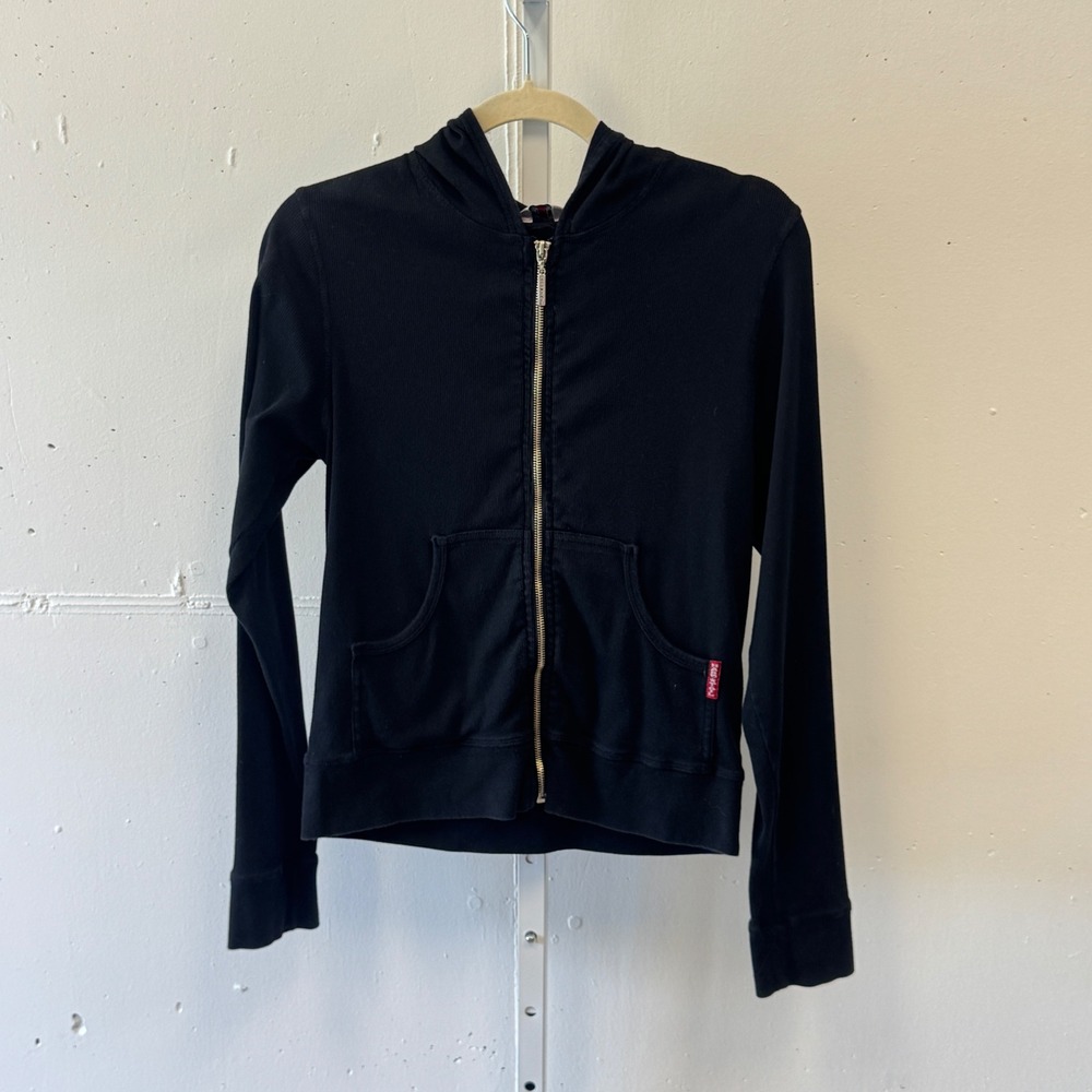 Y2K Hard Tail Forever Black Ribbed Zip Up Hoodie CS-53 Size L Made in USA 2010s